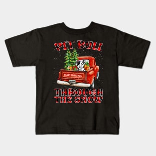 Christmas Pit Bull Through The Snow Dog Santa Truck Tree Kids T-Shirt